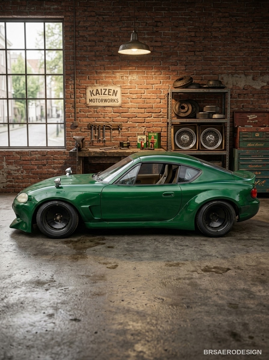 BRS Aero Design widebody Miata in a garage