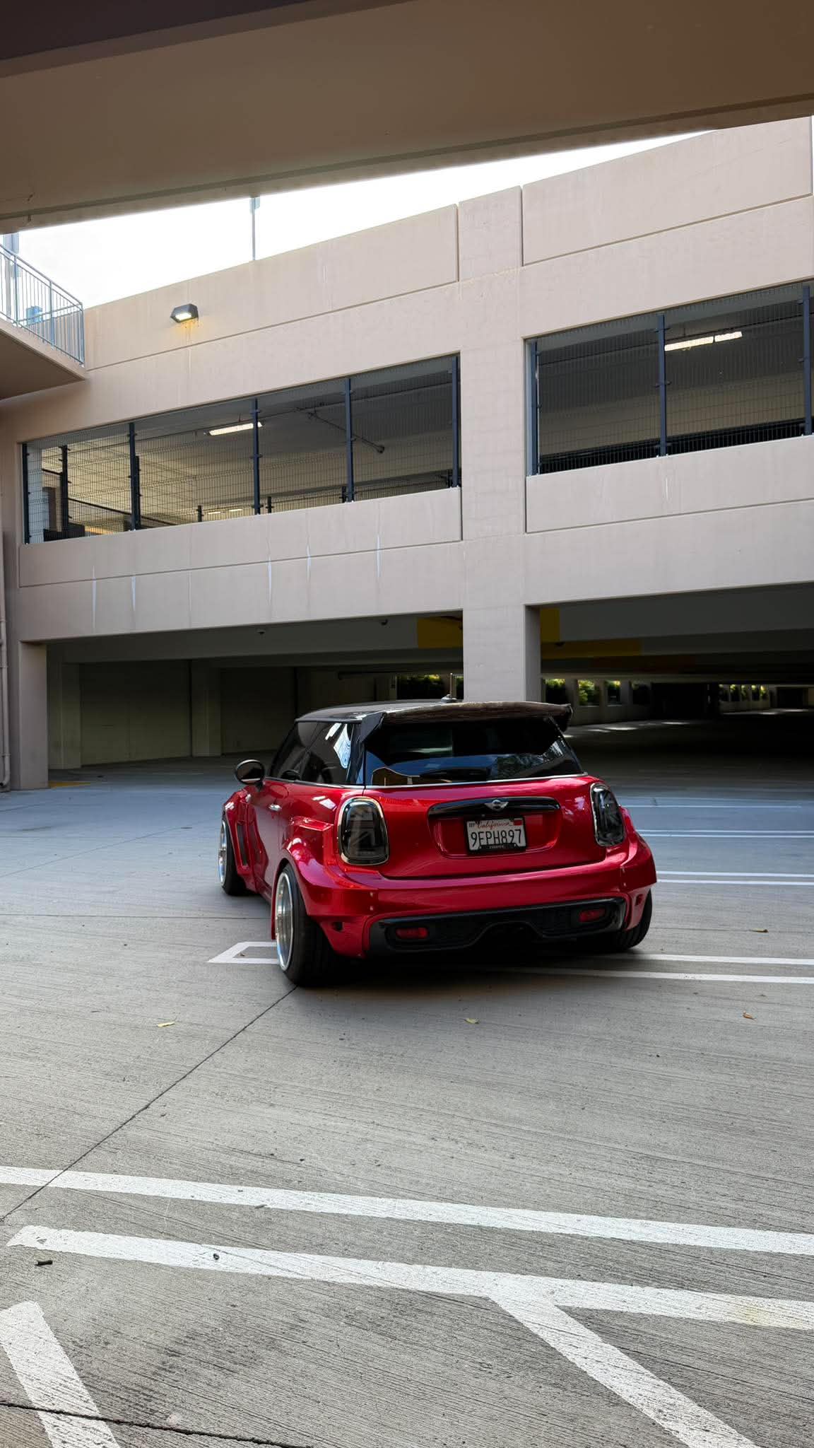 BRS Aero Design widebody Mini Cooper, rear three-quarter in parking garage